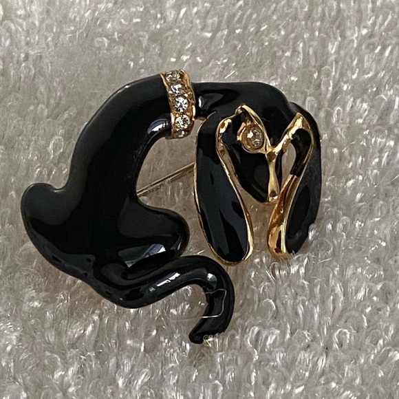 Dachshund Brooch Pin Black Enamel Clear Rhinestones Unisex - Picture 1 of 9